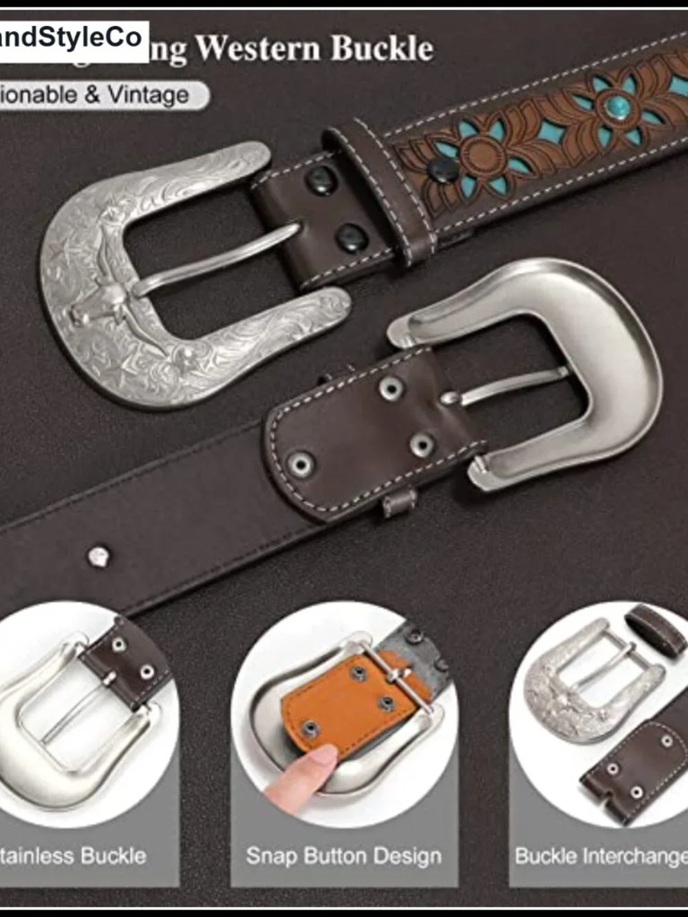 Genuine Leather Western Belt Engraved Tooled Cowboy Belt Unisex Adjustable
